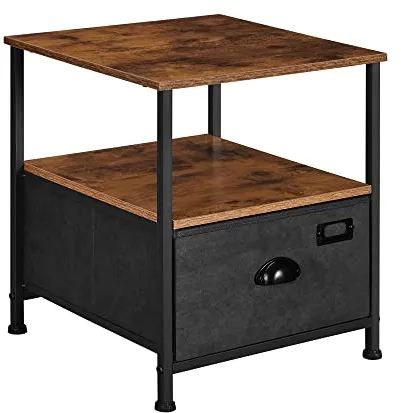 SONGMICS nattbord, m. 2 hyller og 1 skuff - rustikk brun MDF og svart imitert semsket skinn/metall (41x41)